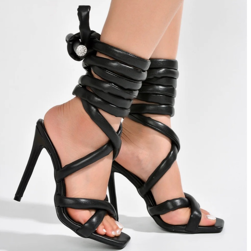 Cape Robbin Black Roberta Ankle Wrap Rhinestone Heels